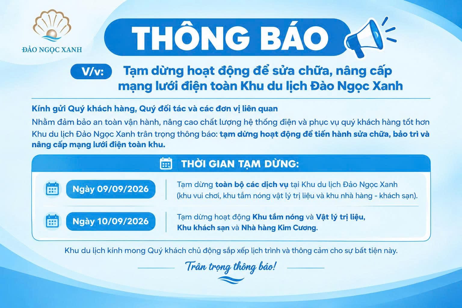 THÔNG BÁO LỊCH CẮT ĐIỆN